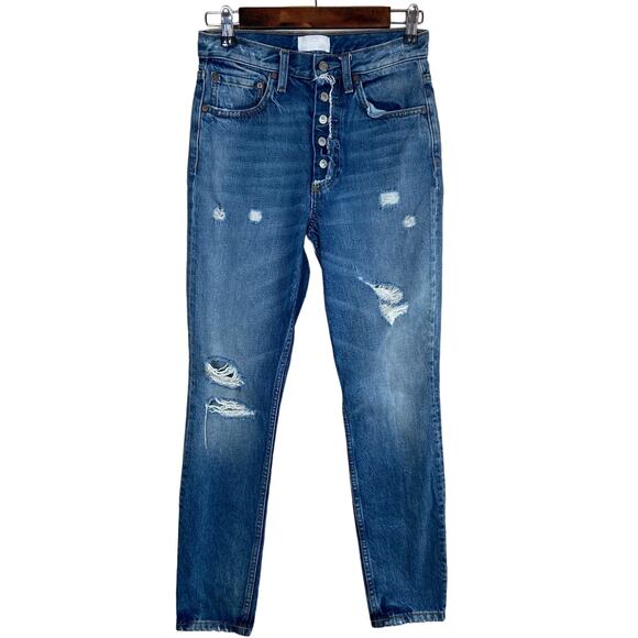 Boyish Billy Jeans Women's 26 Blue Button Fly Distressed Ankle Recycled Cotton‎ - Picture 1 of 14